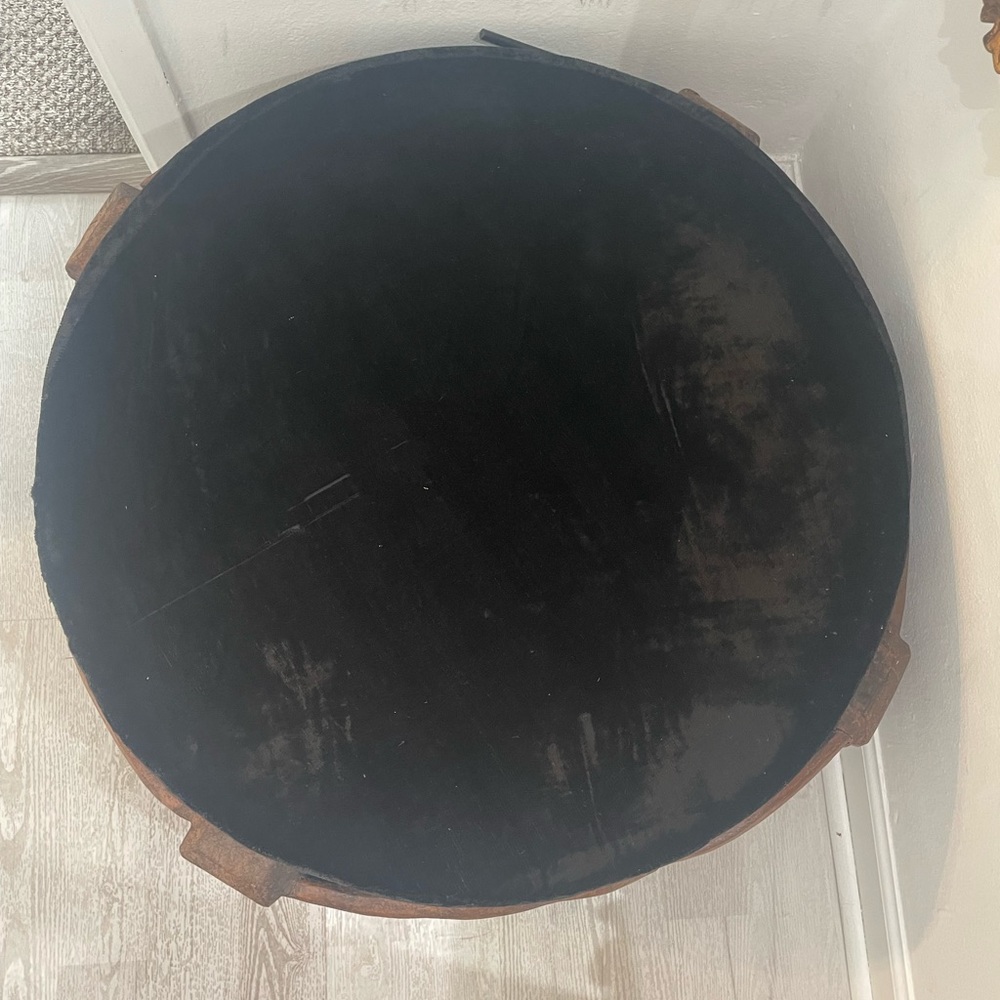 Antique carved wood meditation chair with black velvet top